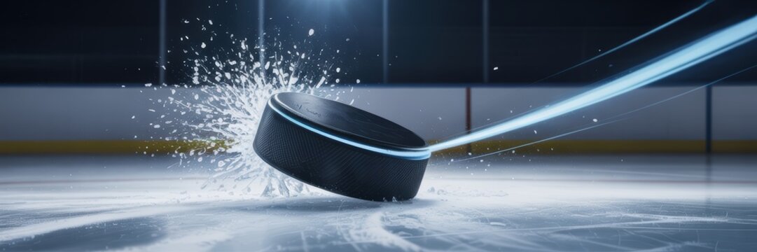 Ice hockey puck slapshot on frozen rink with ice spray motion blur blue light sports background for winter game design