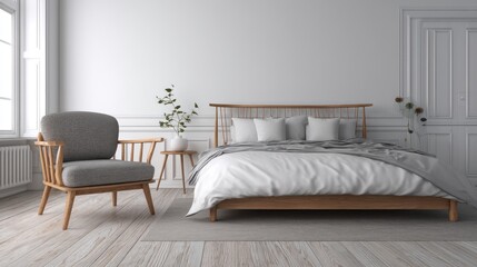 Modern Minimalist Bedroom with Natural Light, Wooden Furniture, Comfortable Bedding, and Elegant Decor Elements for a Relaxing Atmosphere
