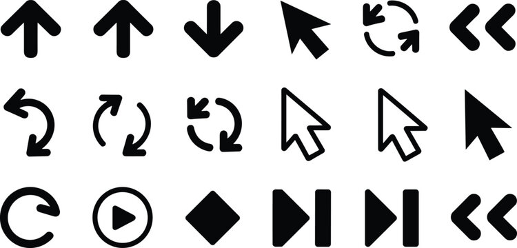 Arrow and cursor icon set, navigation pointer symbols collection, refresh play back forward black vector illustration
