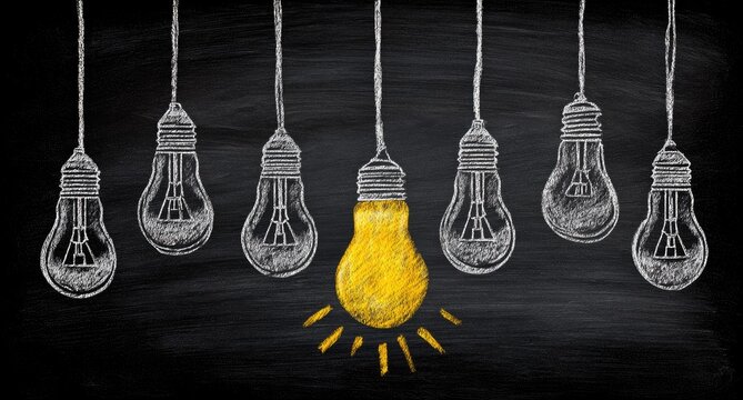 Chalk drawing of light bulbs symbolizing idea, innovation and solution.