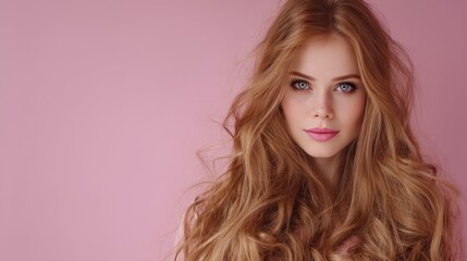 Fototapeta premium Beautiful young woman with long wavy hair and bright makeup against a soft pink background, capturing elegance and style