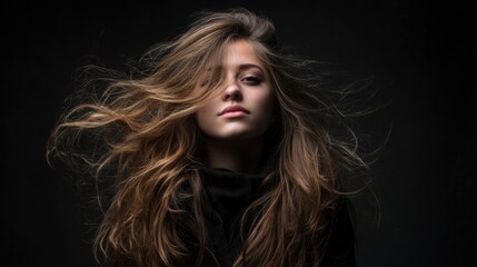Fototapeta premium Stunning Portrait of a Young Woman with Long Flowing Hair Against a Dark Background in a Creative Artistic Style