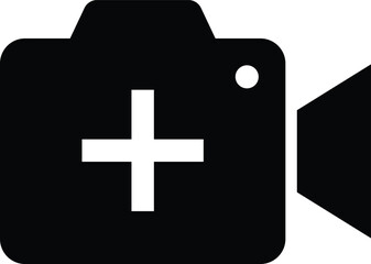 Fototapeta premium Black camera with white plus sign and lens symbol