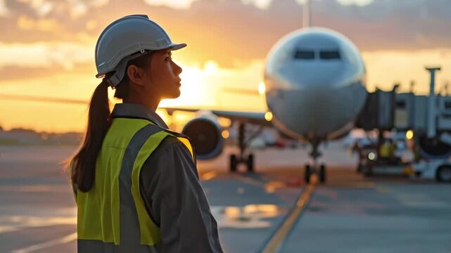 Female airport ground staff wearing hard hat and safety vest looking at an airplane on the tarmac at sunset