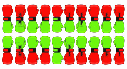 Red and Green Boxing Gloves Arranged in Rows, Sports Equipment Concept © Danang