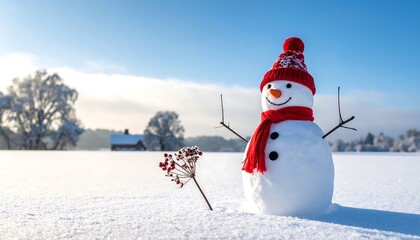 Obraz premium Smiling snowman with red hat & scarf stands in snowy field against a bright blue sky and distant trees