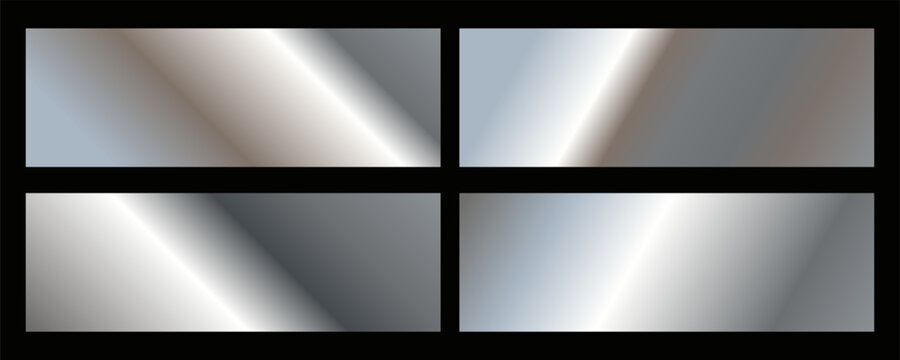Vector set of illustration of different silver metallic foil texture gradation for banner background. 3d realistic style design of shiny silver gradient with diagonal stripe background
