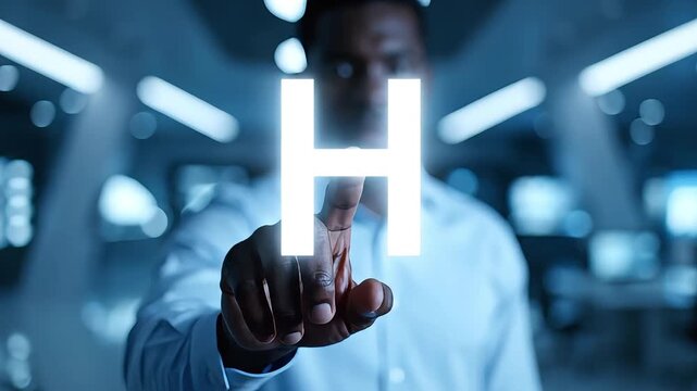 Black man touching glowing virtual letter h digital interface in futuristic control room showcasing advanced technology