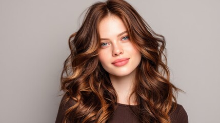 Naklejka premium Beautiful young woman with long wavy hair posing confidently against a neutral grey background in casual fashion portrait