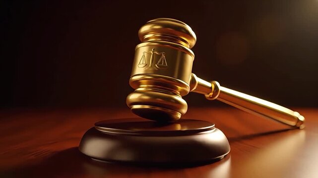 Golden gavels stand on a polished wooden surface symbolizing legal authority and judicial proceedings