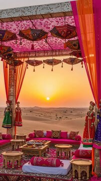 Traditional Ethnic Desert Glamping Lounge with Puppets and Umbrellas at Sunset