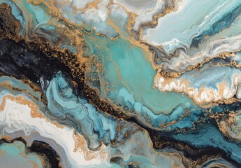 Abstract artwork featuring teal, gold, and black fluid paint.