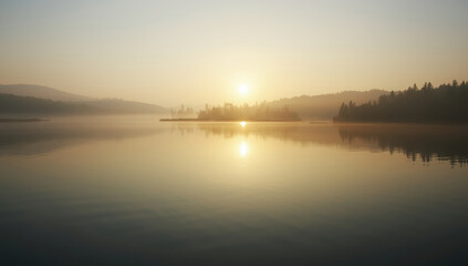 Obraz premium Serene sunrise lake island reflection misty forest horizon calm water golden light