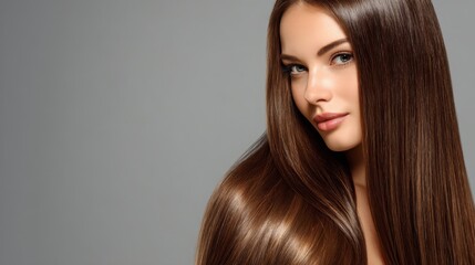Naklejka premium Beautiful young woman with shiny straight hair posing gracefully against a neutral background in a studio setting