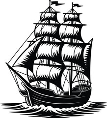 Classic sailing ship vector illustration, detailed maritime design with multiple masts, full sails, ocean waves, exploration motifs, and historical artwork © Creative Mind