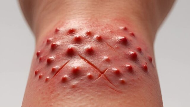 Photorealistic representation of scabies rash on wrist, small red bumps and scratch marks, subtle inflammation detail