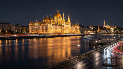 Obraz premium Hungarian Parliament Building Illuminated at Night in Budapest