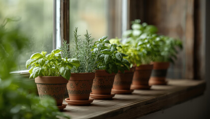 Fototapeta premium Potted herb plant basil rosemary windowsill terracotta pot indoor herb kitchen garden green leaf