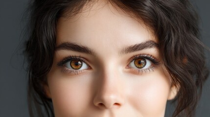 Fototapeta premium Close-up of a young woman’s face highlighting expressive eyes and natural beauty against a soft gray background