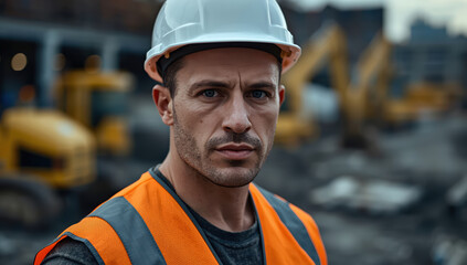 Fototapeta premium Construction worker in orange safety vest and white hard hat at site with heavy equipment