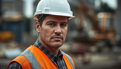Fototapeta premium Construction site foreman wearing safety helmet and reflective vest with serious expression