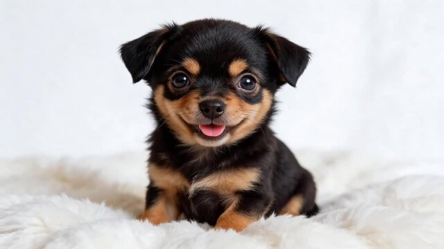 Adorable black and tan Chihuahua puppy sitting on fluffy white blanket, big expressive eyes, studio portrait, high-resolution pet photography