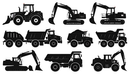 Obraz premium Construction and agriculture vehicle illustration set, black heavy machinery vector designs for building, excavation, transport, and farming equipment graphics
