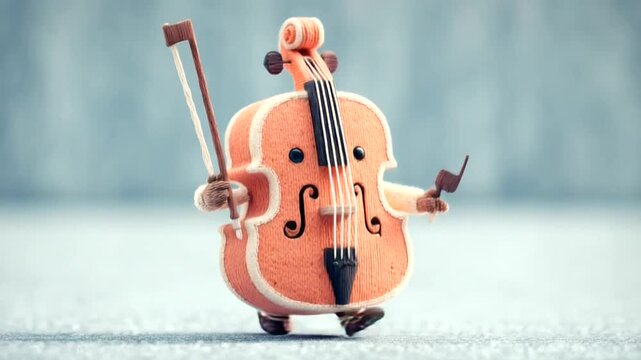 Cute anthropomorphic cello character playing music on a stage