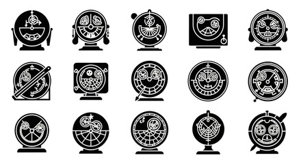 A collection of 16 monochrome globe illustrations displayed on stands from various viewpoints © John