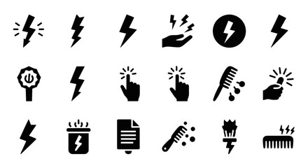 Collection of black icons depicting various actions and objects associated with electricity and energy on a white background viewed from a straightforward perspective