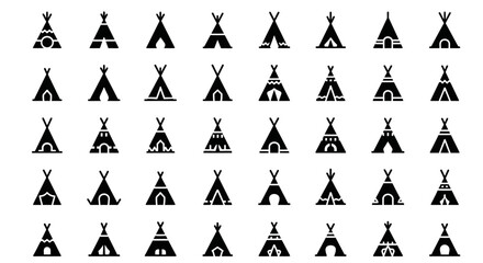 Collection of thirty teepees arranged in a grid pattern on a plain background viewed from directly above © John