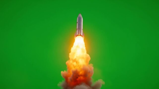 Rocket missile Launch on Green Screen Background with Smoke and Fiery Exhaust &ndash; green screen chromakey  Concept and template