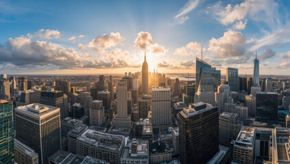 Sunrise city skyline with dramatic clouds and golden light