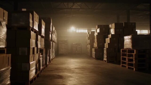 Industrial warehouse scene with stacked pallets at dusk.