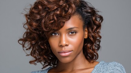 Fototapeta premium Confident woman with curly hair and natural beauty smiling portrait on gray background in stylish casual outfit