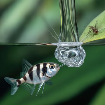 Archer fish shooting water at insect on leaf underwater wildlife behavior macro nature photography with green aquatic background