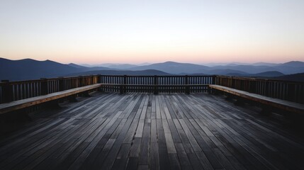 Serene Mountain View from a Wooden Overlook at Dusk with Soft Purple and Blue Sky Above Untouched Nature Landscape