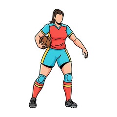 Obraz premium Female Rugby Player Holding Ball Cartoon.