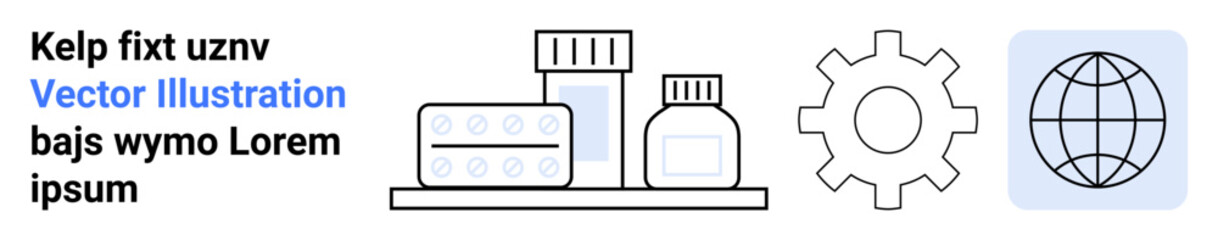 Medicine supply, global healthcare, pharmaceutical industry, connectivity, technology, logistics. Medical supplies with gear and globe icons. Medicine supply and global healthcare