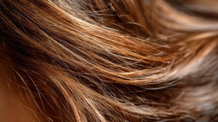 Fototapeta premium Close-Up of Shiny, Healthy Brown Hair Strands with Natural Highlights and Textured Flowing Waves for Beauty or Haircare Themes