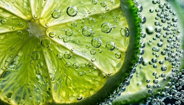 lime slices in sparkling water with bubbles macro view