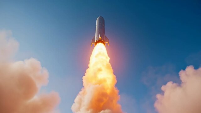 Rocket Launch with Fiery Engine Flames and Billowing Smoke Against Blue Sky