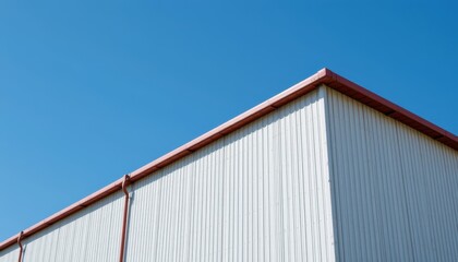 Obraz premium Corner of a corrugated metal roofed building against a clear blue sky.