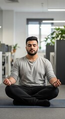 Fototapeta premium Middle Eastern Man Practicing Mindfulness Meditation in Modern Office for Stress Relief