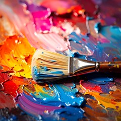Fototapeta premium A paintbrush lies on a vibrant canvas with colorful paint splatters
