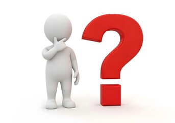 A cartoon character thinking next to a question mark