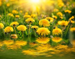 field of bright yellow dandelions with green grass and sunlight background