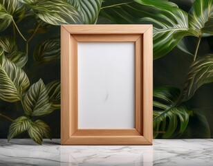 light toned wooden frame on marble surface amidst greenery