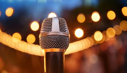 a classic dynamic microphone with a metallic grille on a stage at an open air nightclub during evening or night illuminated by warm string lights