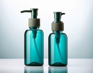 two teal pump bottles on a white surface